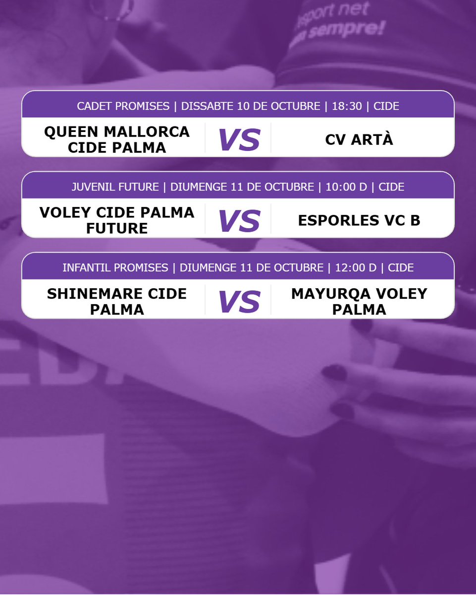 VoleyCiutatCide's tweet photo. Horaris dels pròxims partits📆
#voleiboldecanostra #vòleicide #esportsmallorca #VoleyBase #esforç
@jshotels @fisiosens.es @fundacionpalmafutsal @cbdeporte @conectabalear @esports_ib @esportsmallorca @ime.palma @esports_ib @fedvbib @crossfitsembat @cide.cooperativa https://t.co/hvL1JPidSF