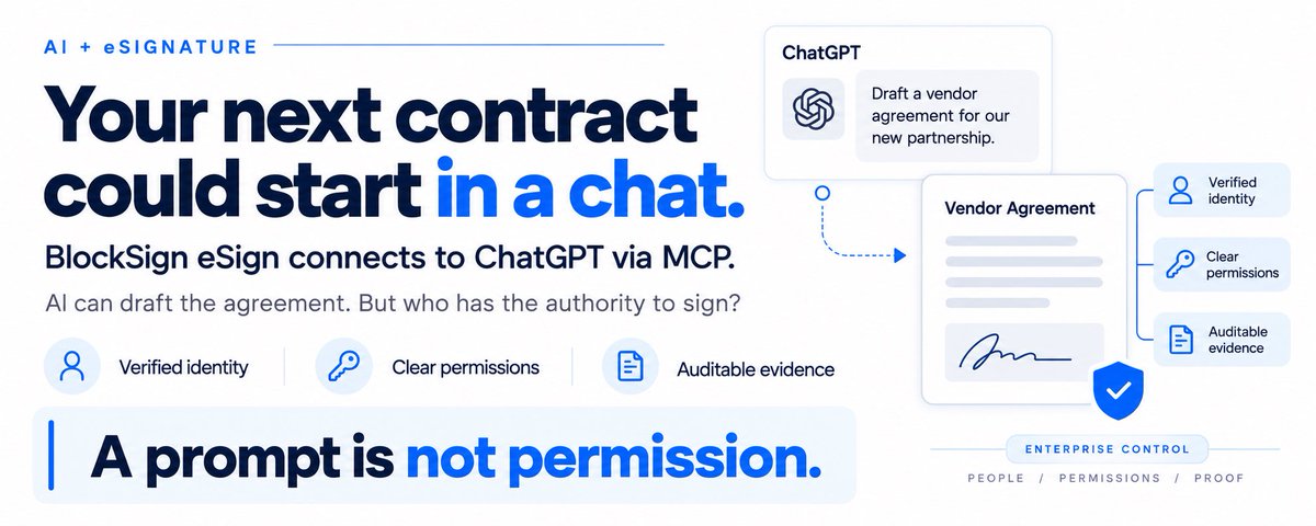BlockSign_io's tweet photo. Your next contract could start in a chat, not a dashboard.

BlockSign eSign connects to @ChatGPT via MCP. AI can draft the agreement. But who has the authority to sign?

Verified identity. Clear permissions. Auditable evidence.

A prompt is not permission. https://t.co/RiFaHq3sOx