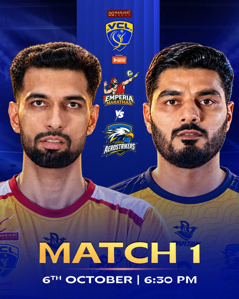 VolleyballLeag's tweet photo. It’s MATCH DAY! 🔥🏐
The wait is over. The court is set, the lights are on, and VCL action begins tonight!

📅 6th October
⏰ 6:30 PM onwards
📺 Watch LIVE on Sony Sports Network, Sony LIV, DD Sports &amp; Match Box.

#VolleyballKaMahakumbh #VCL2026 #MatchDay #VolleyballIndia #GameOn https://t.co/DYZajbaXGg