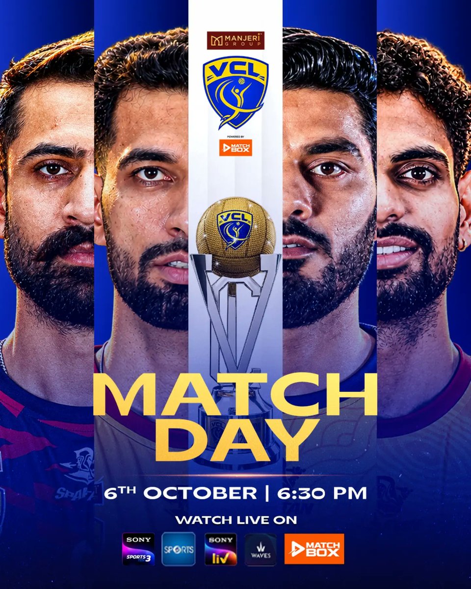 VolleyballLeag's tweet photo. It’s MATCH DAY! 🔥🏐
The wait is over. The court is set, the lights are on, and VCL action begins tonight!

📅 6th October
⏰ 6:30 PM onwards
📺 Watch LIVE on Sony Sports Network, Sony LIV, DD Sports &amp; Match Box.

#VolleyballKaMahakumbh #VCL2026 #MatchDay #VolleyballIndia #GameOn https://t.co/DYZajbaXGg
