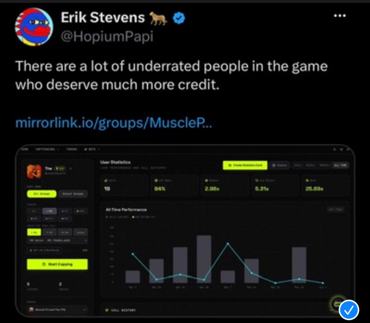 Bang_Garrx's tweet photo. Another giveaway for the timeline. I’ll award 50 usdt to one winner after 48 hours. Re-post this post and follow the sponsor with proof https://t.co/jleVSjIBwC [BG 1029]

and mirror the trades behind $40K in a week plus another $9K in 4 days,  one of the highest win rates on Mirror Link out of hundreds of private groups, already called out on Robinhood and Solana by big names including Erik Stevens, who flagged the muscle as one of the hardest-working influencers who actually makes projects run. He said when you follow muscle cabal you make money 💰 🤑