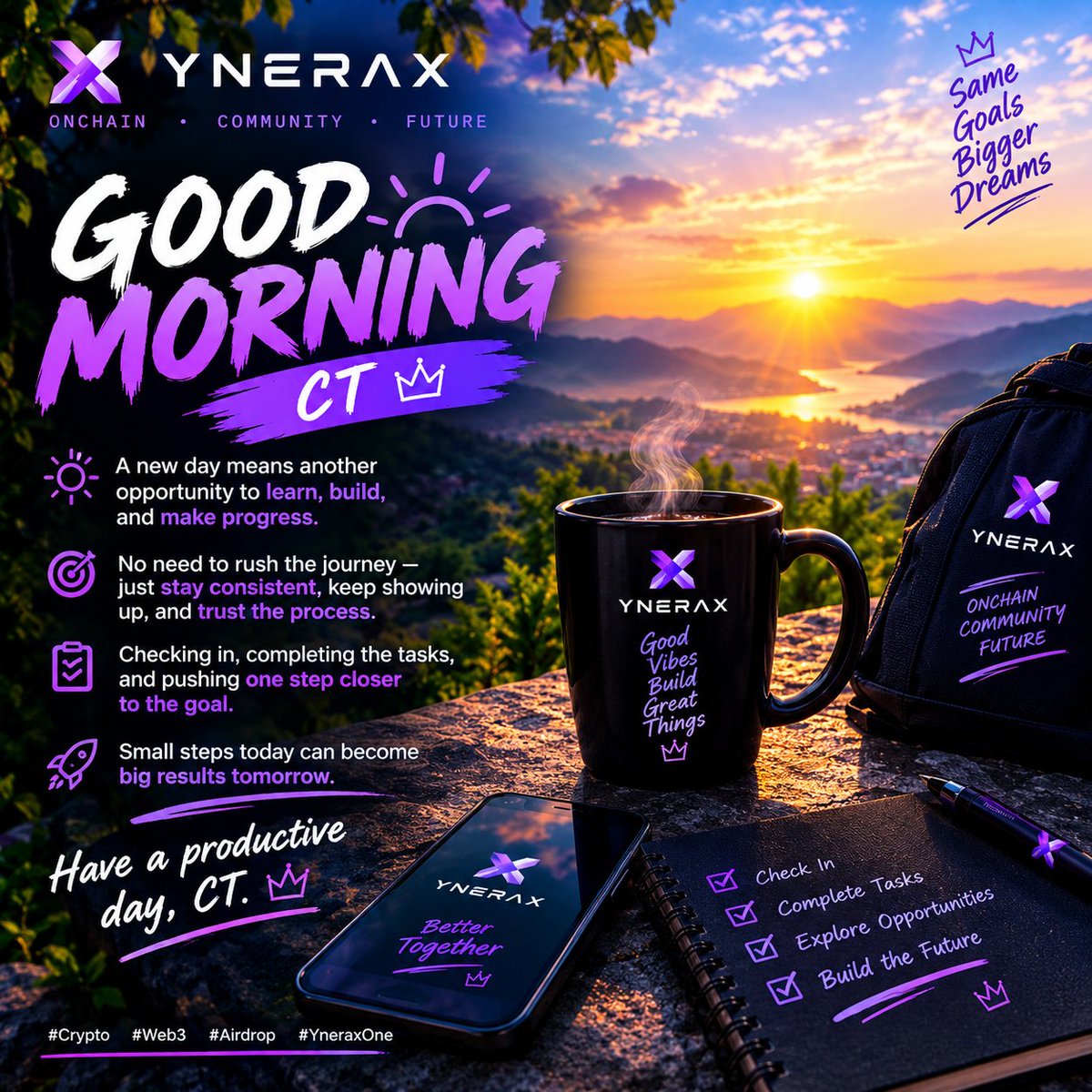 SamySavage01's tweet photo. GM CT ☀️💜

A new day means another opportunity to learn, build, and make progress.

No need to rush the journey — just stay consistent, keep showing up, and trust the process. 🫡

Checking in, completing the tasks, and pushing one step closer to the goal. 🎯

@yneraxone @web3 https://t.co/UjVEr8vRgX