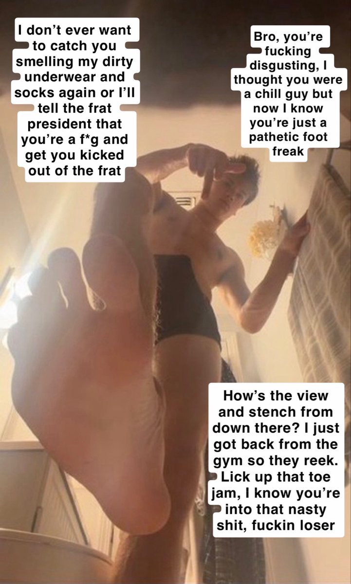 Str8Guys4U's tweet photo. One of the straight bros at the frat house catches you smelling his dirty socks and underwear and realizes you’re a foot freak. Now he knows your dirty secret and he’s going to make you his bitch in return for not outting you. 

#feet
#kink
#straightbro
@GeorgeDeDrain 
18+ https://t.co/HdUXBSE7IN
