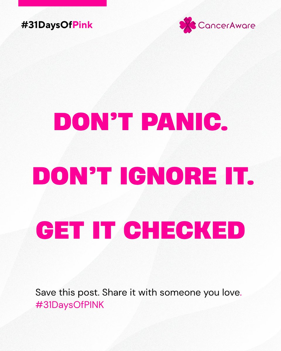 CancerAwareNG's tweet photo. MYTH:
“If there is no pain, it cannot be cancer.”
FACT:
A breast cancer lump may not be painful. Don’t wait for pain before paying attention to a new or unusual breast change.
Don’t Panic. Don’t Ignore it. Get it Checked.
#CancerAware
#31DaysOfPINK
#BreastCancerAwarenessMonth https://t.co/raWOqXhV2L