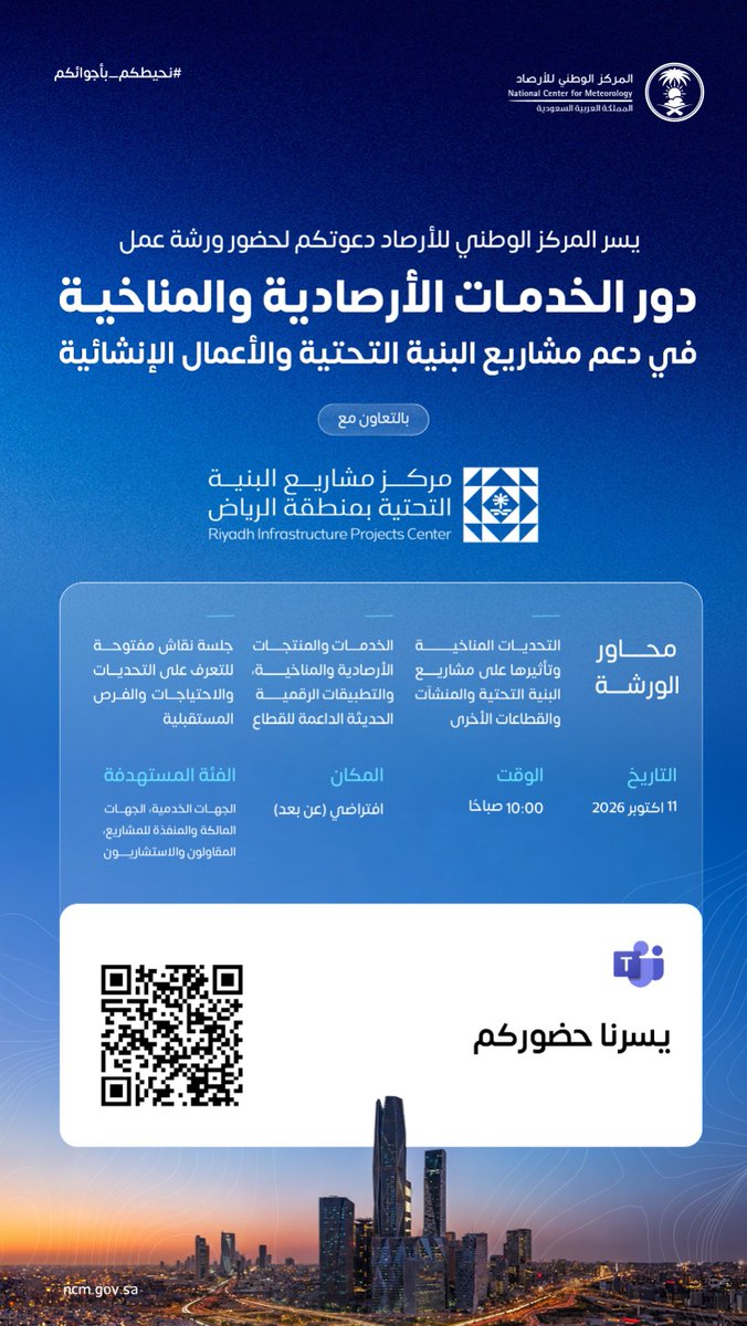 المركز يُقيم ورشة عمل افتراضية حول (دور الخدمات الأرصادية والمناخية في دعم مشاريع البنية ا…