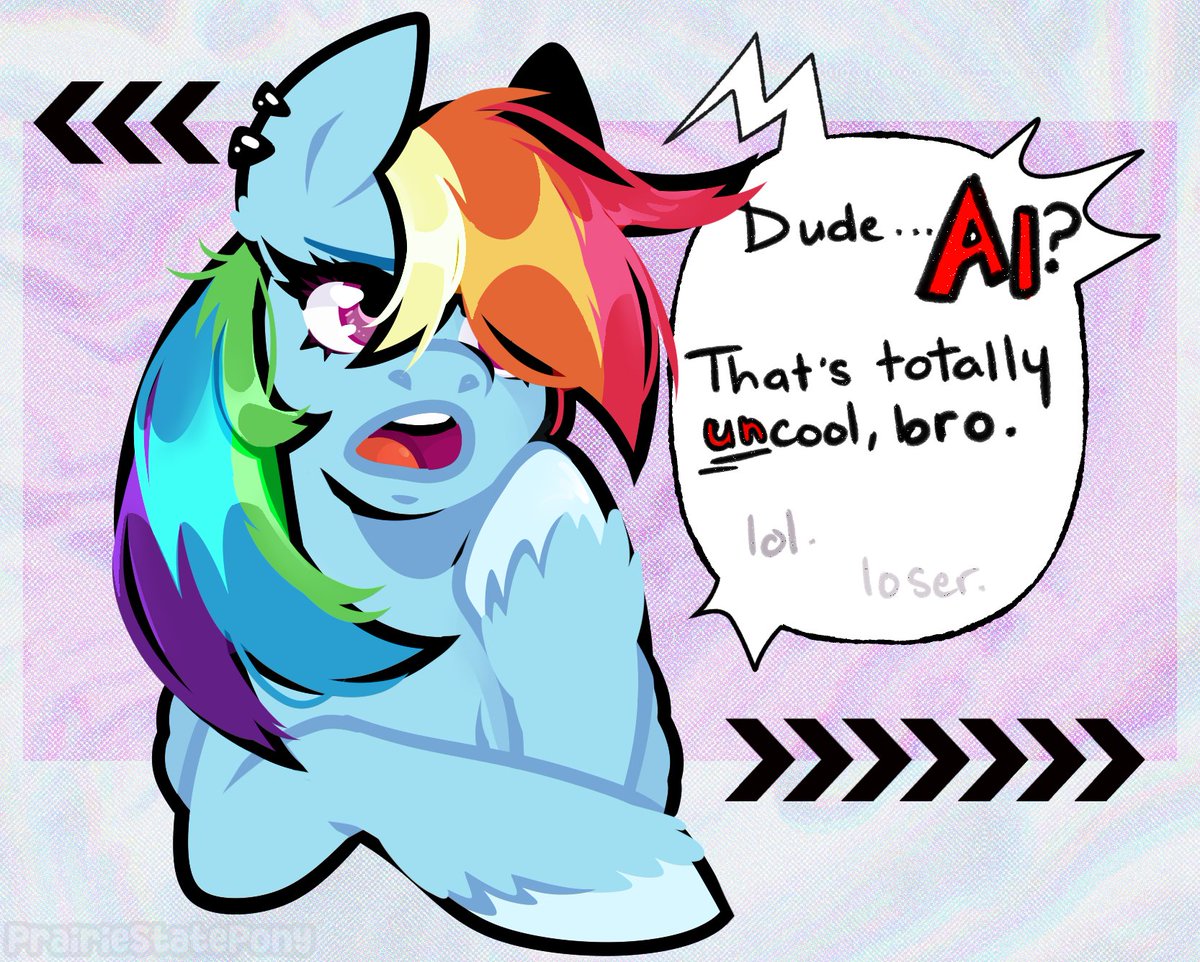 PrairieStPony's tweet photo. Only absolute LOSERS use generative AI.
You don't wanna be a loser, do you?

══════════════════════════════

#mlpfanart #mlp #mylittlepony #rainbowdash #pony #fanart https://t.co/WdR5HVha2b