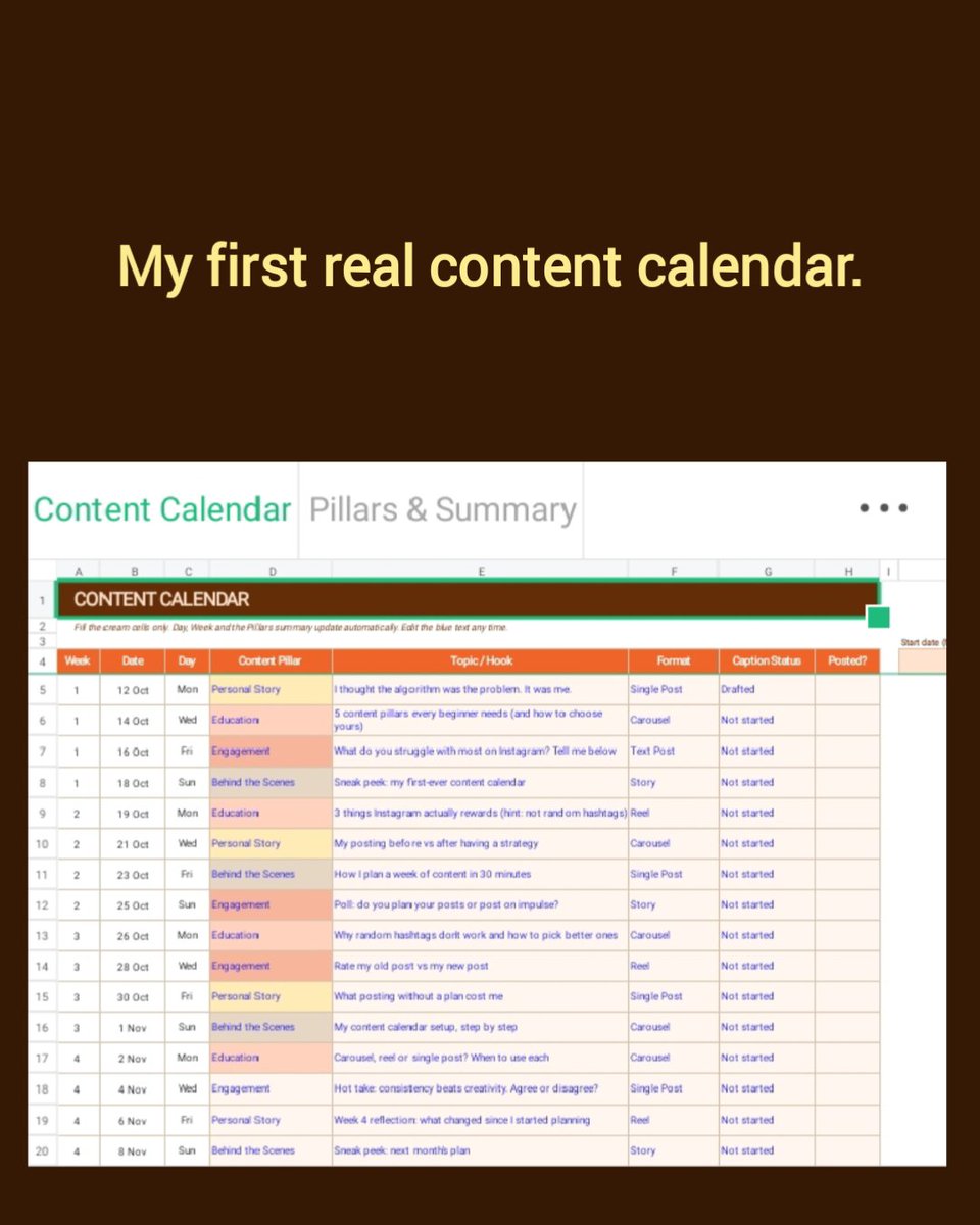 bam_glory's tweet photo. I blamed the algorithm for years.

Week 2 showed me the real problem: no strategy, no schedule.

This is my first real content calendar 👇

Posting smarter, not more.

What did you think was holding your content back?

#skilltoincomeacademy https://t.co/RdM5eqaFe0