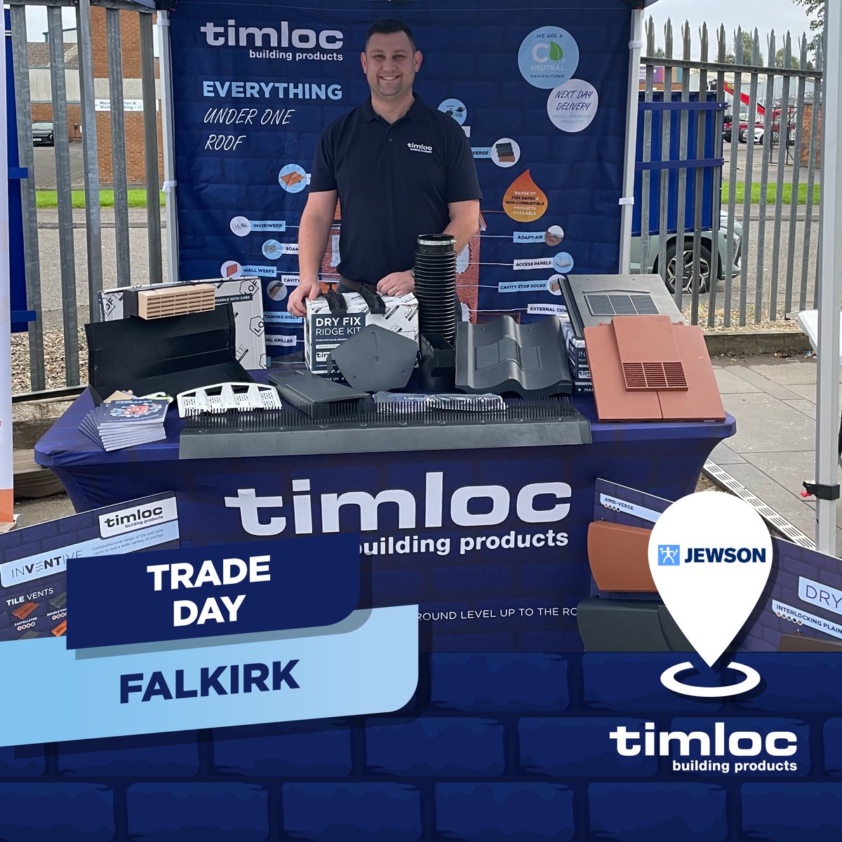 TimlocBP's tweet photo. 📣 We're at @Jewson Falkirk!

Chris de Wet, Northern Regional Sales Manager is all set up at Jewson Falkirk for their Trade Day. Learn about Timloc's extensive range of sustainable building products. We look forward to seeing you there!

📍 1 Abbots Road, Falkirk, FK2 9E https://t.co/bpkQebJfQ1