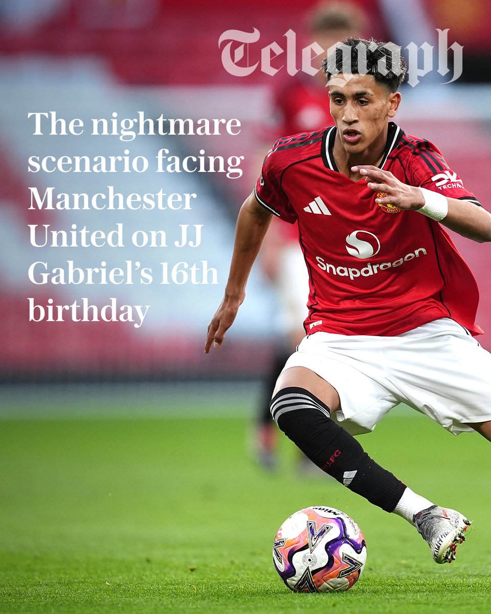 TeleFootball's tweet photo. Today is the day Manchester United have been dreading. 

JJ Gabriel, their wantaway prodigy, has turned 16 and can now join an overseas club if he obtains an EU passport. As the likes of Real Madrid and Paris St-Germain circle.

@Matt_Law_DT surveys Gabriel’s future and examines whether any hope remains for United 👇
https://t.co/Oql7xt1Sys
