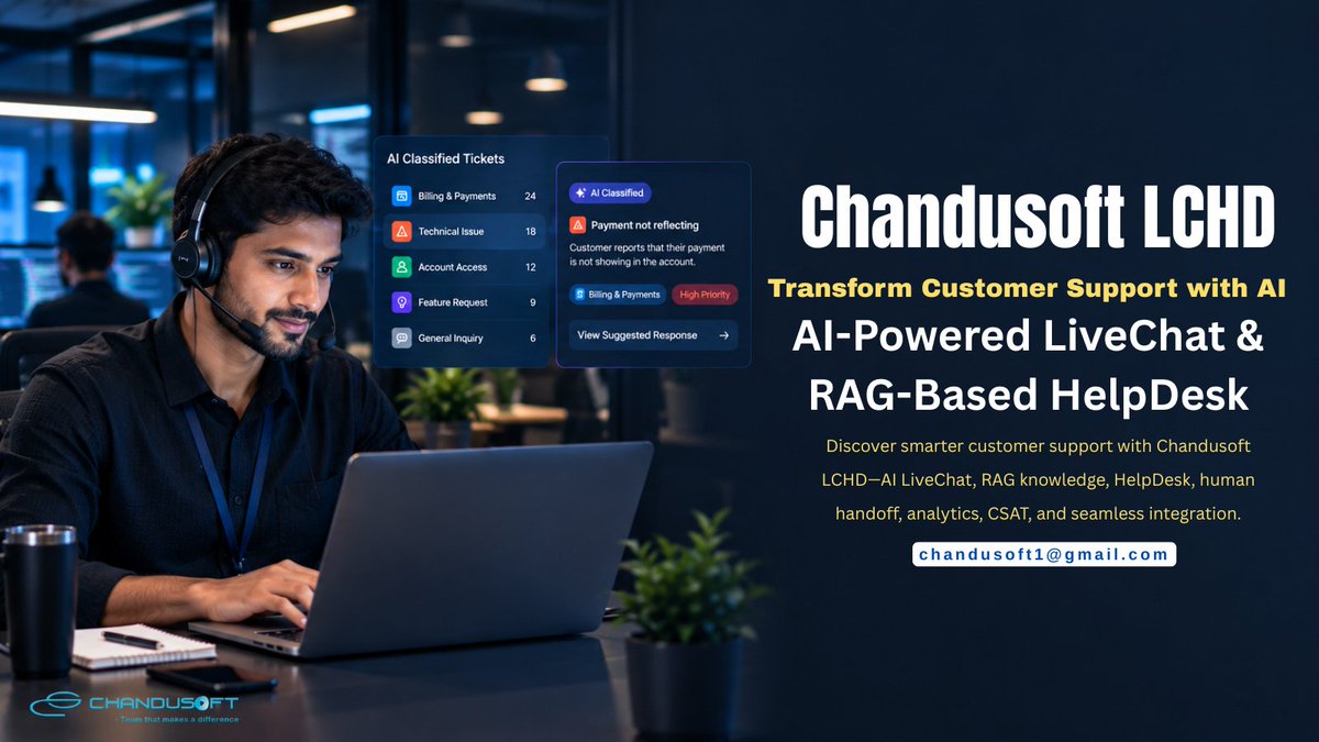 ChandusoftLtd's tweet photo. Chandusoft LCHD combines AI LiveChat, RAG-based HelpDesk, human handoff, analytics & CSAT into one seamless support solution.
📩 chandusoft1@gmail.com
#CustomerSupport #AI #LiveChat #HelpDesk #CustomerExperience #SaaS #CX #ArtificialIntelligence https://t.co/JbqVd5CpxC