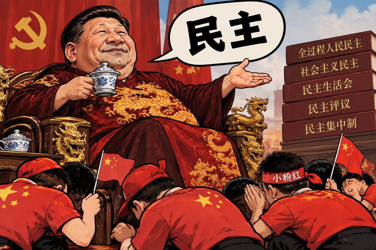 Hh06554468Hh's tweet photo. 《为什么小粉红的脑子理解不了民主？因为民主不是做给眼睛看的形象工程》

昨天我写了为什么小粉红很难理解自由，其实他们更难理解的，是民主。

小粉红自己当着奴才，却最爱替主子批判民主：美国多乱啊，韩国天天上街啊，加拿大大麻都合法啊——看，民主也不���如此。

但你再看中国，又特别有意思：“民主”这个词一个不能少，社会主义核心价值观里有民主，单位里党员还要开“民主生活会”，还要搞“批评与自我批评”。名字要，程序要，形式恨不得从头到尾模仿一遍，唯独里子不要。 

所以很多小粉红理解民主也特别简单：不就是一人一票吗？有选票、有选举，不就叫民主吗？

我觉得这特别像中国学垃圾分类：看见加拿大、日本垃圾分类，简单，照着摆几个垃圾桶，颜色分好、标签贴好，结果垃圾还是他妈乱扔。 

因为你抄回来的是垃圾桶，不是人家的社会习惯。民主也一样：你可以抄投票箱，但你抄不来一个社会的底层共识。

我们表面上看到的民主，是投票、选举、议会、政党轮替，但这些只是看得见的那一层。真正托住这些东西的，是一个社会首先要对一些最基本的价值形成共识：人和人在权利上是平等的；人的基本权利不能被权力随便侵犯；允许别人和自己意见不同；允许批评政府、监督权力；法律面前不能因为官大就高人一等；政府的权力必须受到约束；今天你赢了选举，也不能剥夺输家的基本权利。 

>>民主不是你先想出一个“民主”的概念，再照着把它造出来；恰恰是当一个社会真正学会尊重人、尊重权利、尊重法治、约束权力以后，你甚至不用喊民主，民主自己就长出来了。<<

所以你再看台湾、香港，加拿大、美国、西欧、以色列这些民主社会，制度当然不完全一样，政治也一样天天吵，但真正重要的不是有没有矛盾，而是底下那条线还在：权力有边界，人有权利，政府可以被批评，执政者可以被换掉，输了的人也不能被赢家随便剥夺基本权利。 

反过来，有些国家虽然也有选票、有选举，但腐败、法治、权力制衡、个人权利这些东西并没有真正跟上，那张选票能解决的问题就非常有限。历史上的魏玛德国本来就有民主制度，纳粹也参加选举，但最终民主制度本身却被摧毁。所以，有投票不等于有民主，有民主的形式，也不等于有民主的里子。 至于中国，甚至还没走到讨论“民主质量高不高”这一步。“民主”就是块挂在门口给韭菜看的招牌，门一推开，里面卖的压根不是这玩意儿——说白了，就是挂羊头卖狗肉。

所以昨天谈自由的时候我提到台湾，今天谈民主，我还是想对台湾朋友说：台湾最值得珍惜的，不是经济，不是高楼，不是高铁，也不是半导体，而是自由和民主这套东西。 因为这些东西太来之不易了。钱没了可以再赚，楼倒了可以再盖，产业没了也可以重新发展；但一个社会经过几代人，好不容易建立起来的对自由、权利、法治和民主的共识，一旦丢掉，再想拿回来，可能就是一代人甚至几代人的代价。

垃圾桶不是垃圾分类，投票箱也不是民主。

——文｜罗夏日记