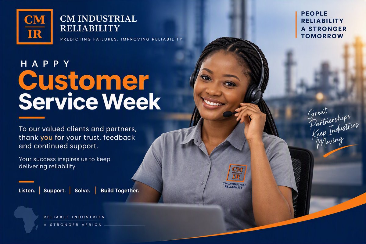 CMIReliability's tweet photo. Happy Customer Service Week! 🇷🇼

At 𝗖𝗠 𝗜𝗻𝗱𝘂𝘀𝘁𝗿𝗶𝗮𝗹 𝗥𝗲𝗹𝗶𝗮𝗯𝗶𝗹𝗶𝘁𝘆, every partnership matters.

Thank you for trusting us to help improve reliability, reduce downtime, and support operational excellence through Rwanda &amp; across Africa.

#CMIReliability https://t.co/ToTFa4xeZ4