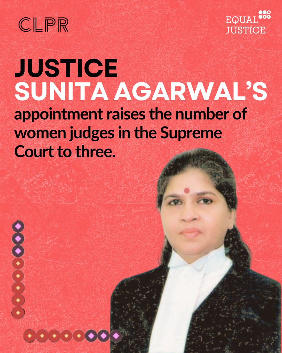CLPRtrust's tweet photo. Justice Sunita Agarwal's appointment raises the number of women judges on the Supreme Court to three. She is also the second woman recommended for the Supreme Court by the current Chief Justice's Collegium. Her tenure will last nearly 5 years!

#Lawandwomen #clpr #equaljustice https://t.co/kf5bsF0Ioi
