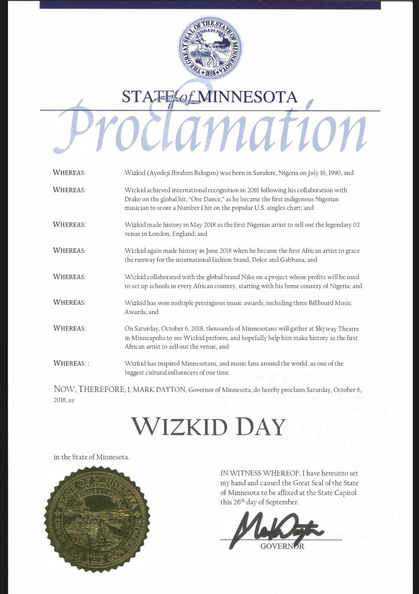 AlbumTalksHQ's tweet photo. 🚨 IT'S WIZKID DAY IN THE STATE OF MINNESOTA TODAY 🇺🇸🦅 https://t.co/9EBYjcXDxt