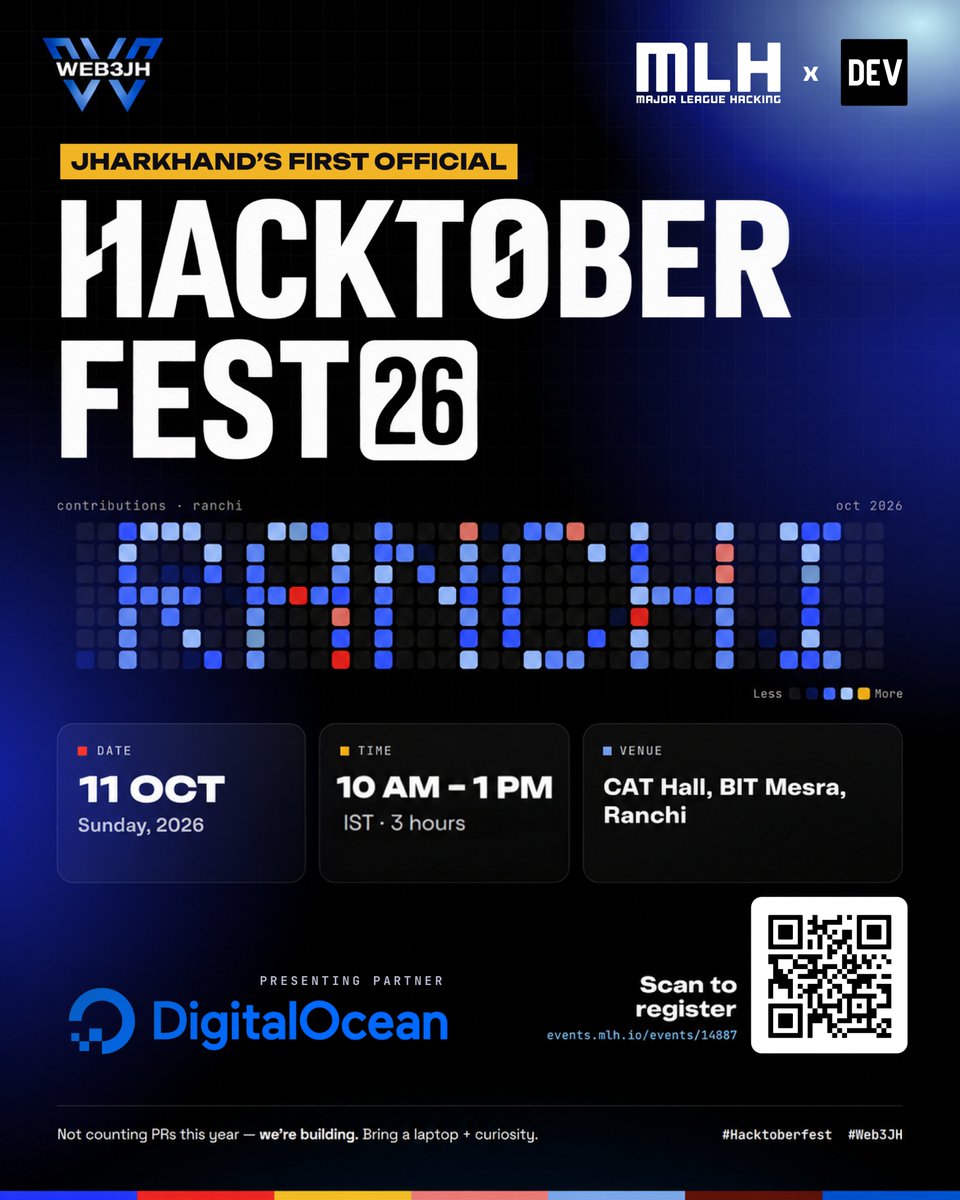 Web3Jh's tweet photo. Ranchi this is your chance to join us in the BIGGEST OPEN-SOURCE CELEBRATION of the year 🤩

HACKTOBERFEST 2026 🔥

Get ready as we bring you
🔥 Amazing Founders &amp; Speakers lineup
🧑‍💻 Learn about Open-Source, AI &amp; Hacktoberfest
🎁  Exclusive Hacktoberfest merch &amp; swags

Register👇 https://t.co/MICXwSOb3O