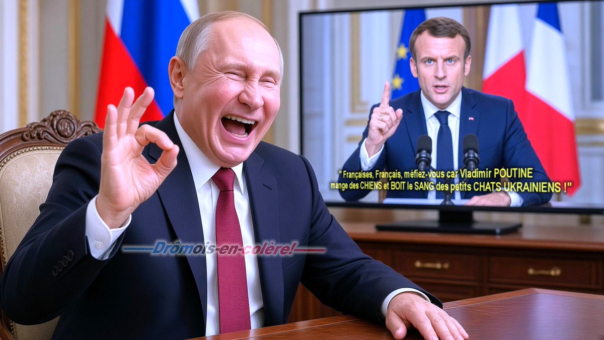 26enColere's tweet photo. Vladimir POUTINE est TRÈS INQUIET
face à la PROPAGANDE distillée par le «NABOT de L'ÉLYSÉE»...

-" Emmanuel n'arrive déjà pas à GÉRER
    les TORGNOLES que sa "FEMME" lui met,
    Alors pour venir me DÉSTABILISER, y a pas de QUOI S' ALARMER..." https://t.co/LOoAvRo8a5