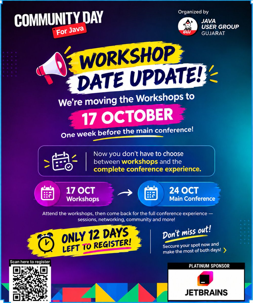 cd4java's tweet photo. 📢 Workshop Update!

Workshops are now on 17 Oct, one week before Community Day for Java 2026!

🎯 Workshops: 17 Oct
🎤 Main Conference: 24 Oct

Now you can enjoy both workshops + the complete conference without choosing between them.

⏳ Only 12 days left to register! https://t.co/bLcjzG5BTd