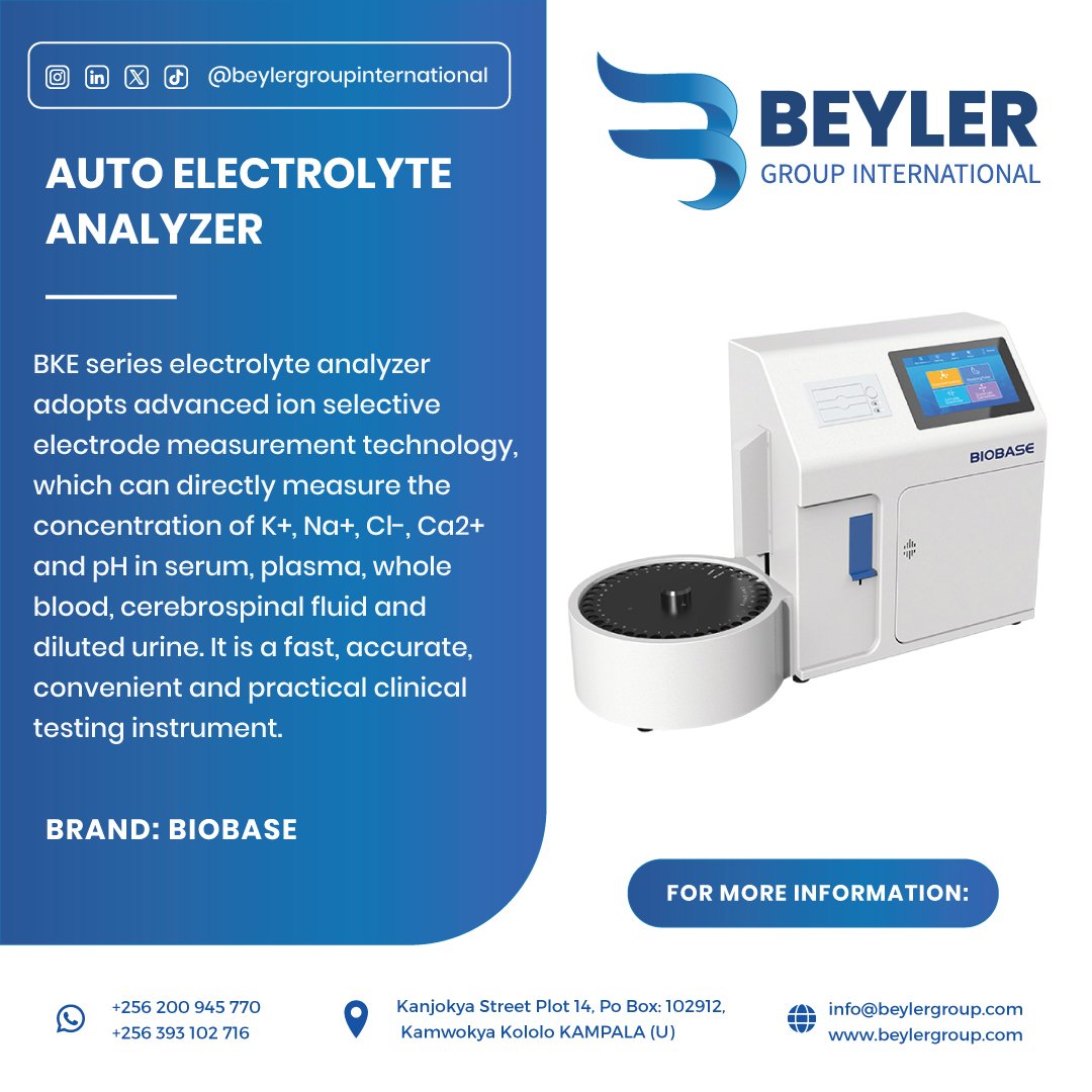 beylergroupint's tweet photo. Revolutionize your lab work with the BIOBASE BKE series Auto Electrolyte Analyzer from #BeylerGroup 🔬 Fast, accurate, &amp; uses advanced ion-selective technology to measure K+, Na+, Cl-, Ca2+, and pH. For more info: info@beylergroup.com 📧 #MedicalLab #Diagnostics #HealthcareUganda https://t.co/BFDdKhNrd6