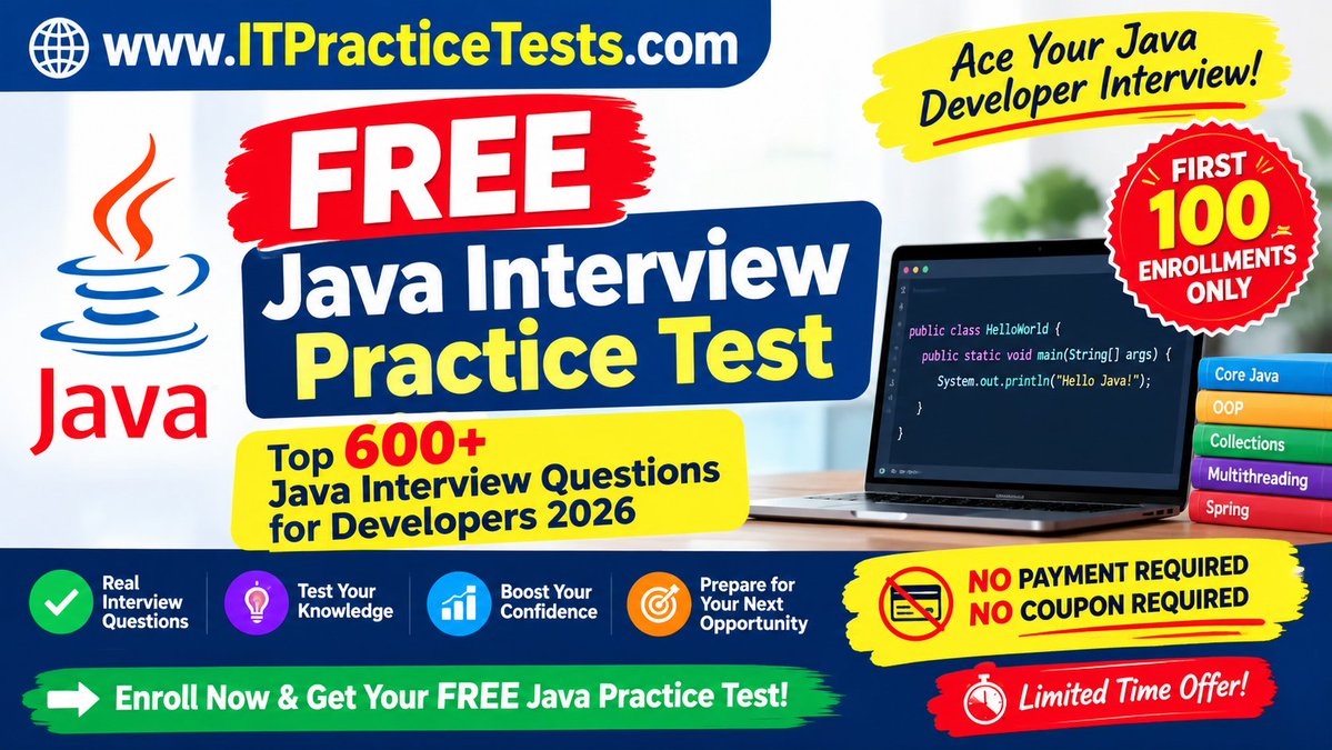TeacherSoniya's tweet photo. ๐จ FREE Java Interview Practice Test for Developers! โ๐ป
๐ฏ FIRST 100 ENROLLMENTS ONLY!
๐ https://t.co/eK8g37w6Jf
#Java #JavaDeveloper #JavaInterview #CodingInterview #Programming #SoftwareDeveloper #TechJobs #Udemy #InterviewPrep #ITPracticeTests https://t.co/hwggl5T7Lg