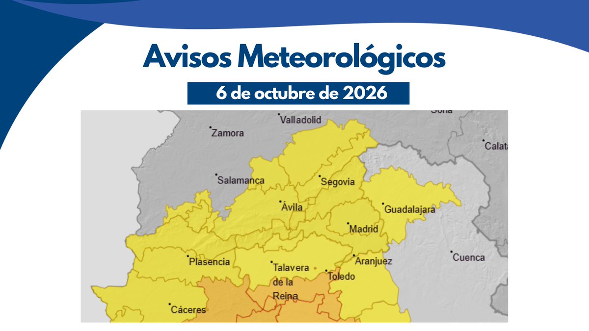 chtajo's tweet photo. 🌧️ Avisos hoy en la demarcación del Tajo por tormentas intensas en Madrid, Ávila, Toledo, Cáceres, Guadalajara y Salamanca.

⚠️ Precaución en las zonas cercanas a los cauces. Sigan las recomendaciones de protección civil. https://t.co/Syc9XnOYvN
