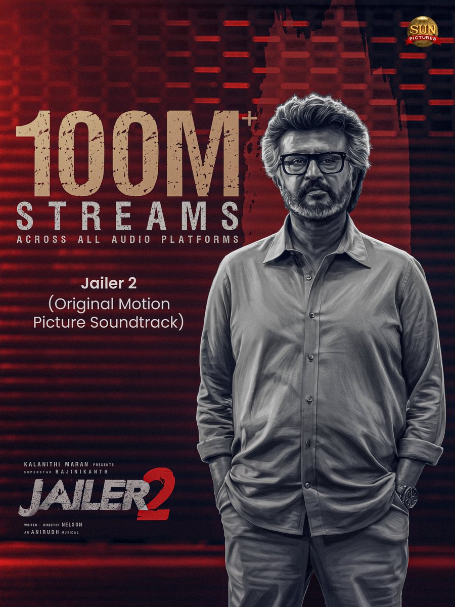 sunpictures's tweet photo. Unstoppable! #Jailer2 album hits 100 Million+ streams across audio platforms! 🤩🔥

🎵 https://t.co/Xm2tMPtoyc

@rajinikanth @Nelsondilpkumar @anirudhofficial @vidya_balan @iam_SJSuryah #MithunChakraborty #SurajVenjaramoodu @meramyakrishnan @iYogiBabu @mirnaaofficial @deepthisings @vijaykartikdop @Nirmalcuts @ChethanDsouza @AlwaysJani @KiranDrk @sunilreddy22 #PallaviSingh @valentino_suren @Alagiakoothan #SantoshRaju @kabilanchelliah @kuchirayar73 @RIAZtheboss #Jailer2FromOct15
