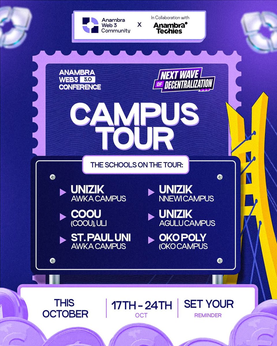 Anambraweb3's tweet photo. THE ANAMBRA WEB3 CAMPUS TOUR IS HERE! 🔥🔥

We’re taking Web3 across campuses in Anambra ahead of Anambra Web3 Conference 3.0.

📅 October 17th–24th

We’ll be visiting:

▪️ UNIZIK Awka
▪️ UNIZIK Nnewi
▪️ COOU
▪️ UNIZIK Agulu
▪️ St. Paul University, Awka
▪️ OKO POLY

Expect conversations, learning, connections, and opportunities around Web3 and the future of technology.

Register for the Conference here: https://t.co/GhQ88NYR4G

Anambra Web3 × Anambra Techies
Powered by Roqqu

The Next Wave of Decentralization
#Anambraweb3Conference