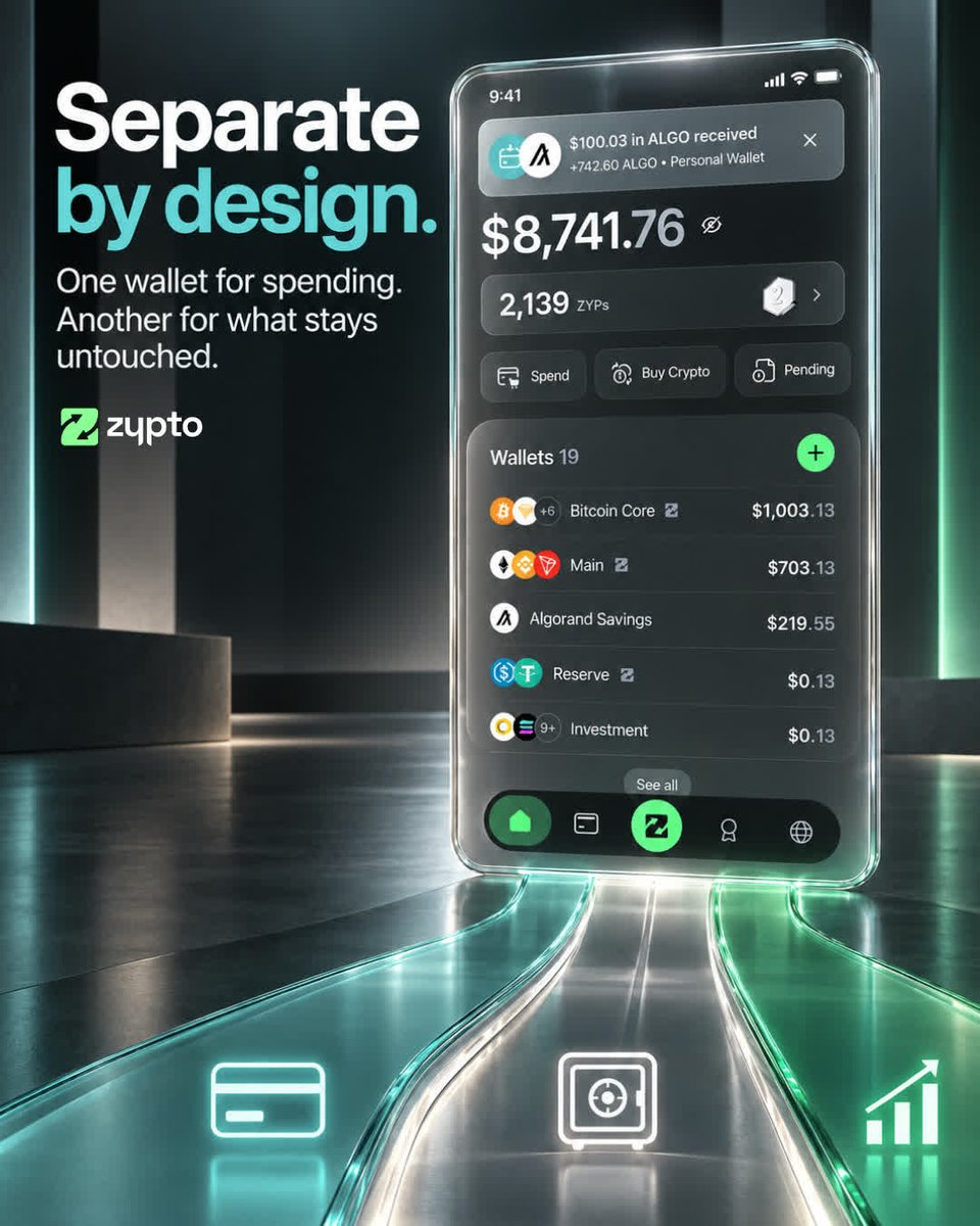 ZyptoApp's tweet photo. Security experts keep saying the same thing: don't mix your daily spending with your long-term holdings in one place. One bad approval shouldn't be able to touch everything you own. 🔐

Zypto App lets you create as many wallets as you need, side by side, in the same app. One for spending, one for holding, one for whatever else makes sense to you.

Separate on purpose, not by accident.

If you've been keeping it all in one wallet, you need Zypto.

#FreeYourMoney