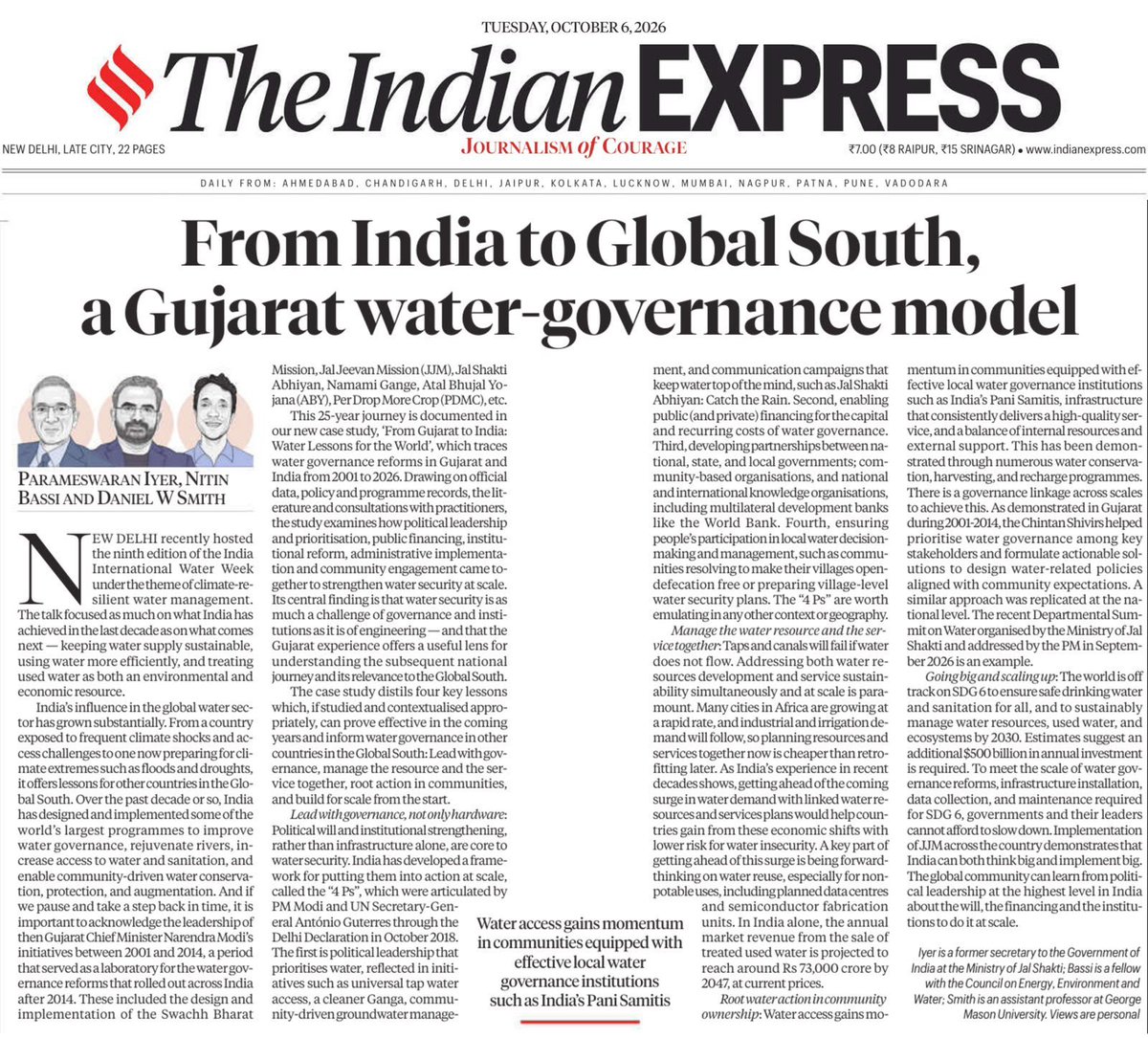 PMOIndia's tweet photo. From India, a water-governance model is offering useful lessons for the wider Global South. Water security is not only about building infrastructure but also about good planning, strong local systems and involving communities in managing water.

India's journey from water reforms in Gujarat to large-scale national programmes offers a practical example for countries looking to improve water management and meet growing water needs.

https://t.co/9ZztUeZoAH