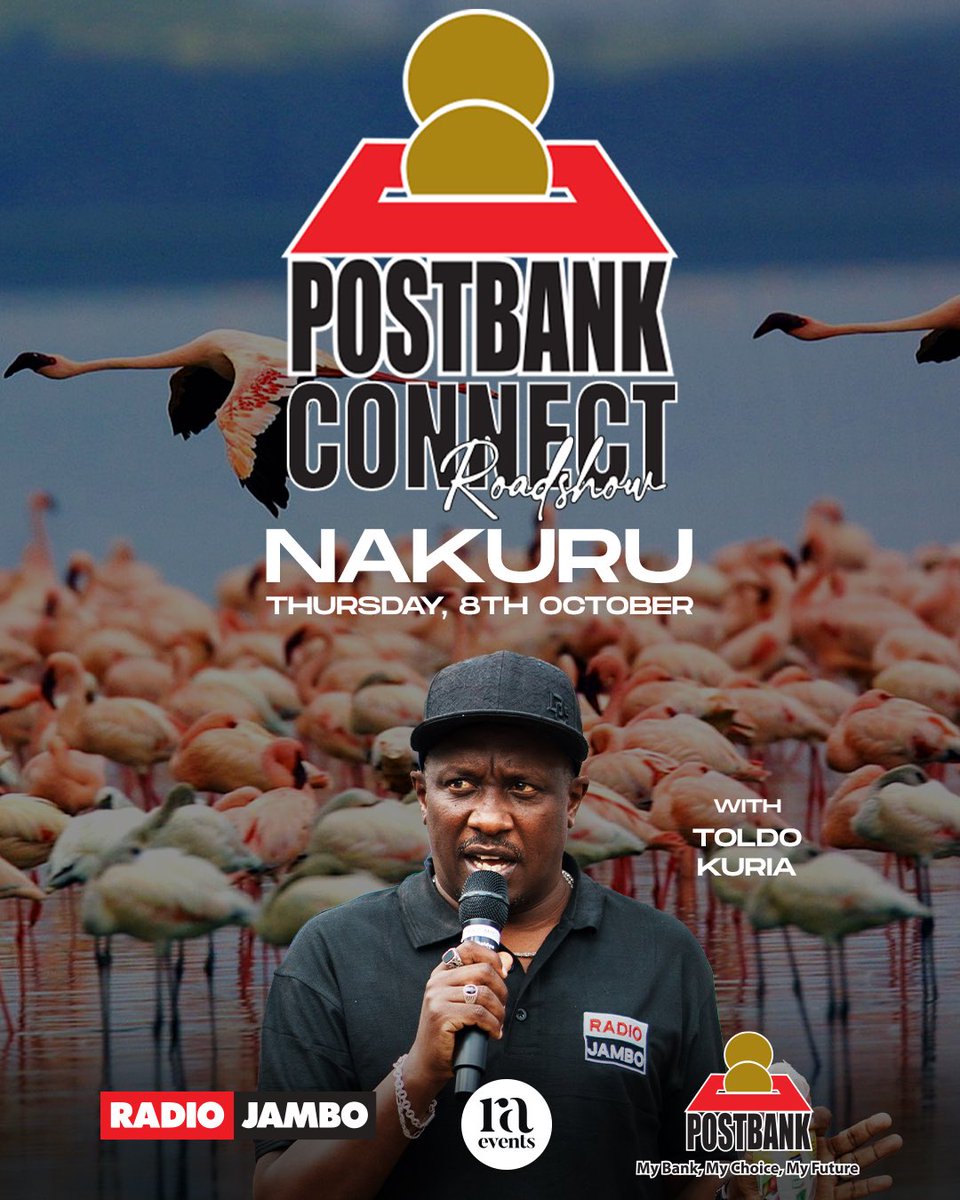 RadioJamboKenya's tweet photo. Coastal Region last week ilikuwa hatari na @Postbank1 . 

Wiki hii tuko Nakuru na itakuwa zaidi ya hatari.

Mzee wa kazi @toldoqurya ndiye kadere wetu kila kona tutapiga. Uko ready wewe?

#PostBankConnect #SAYE #SaveAsYouEarn #KituoChaWakenya https://t.co/KVfaDnLOq3