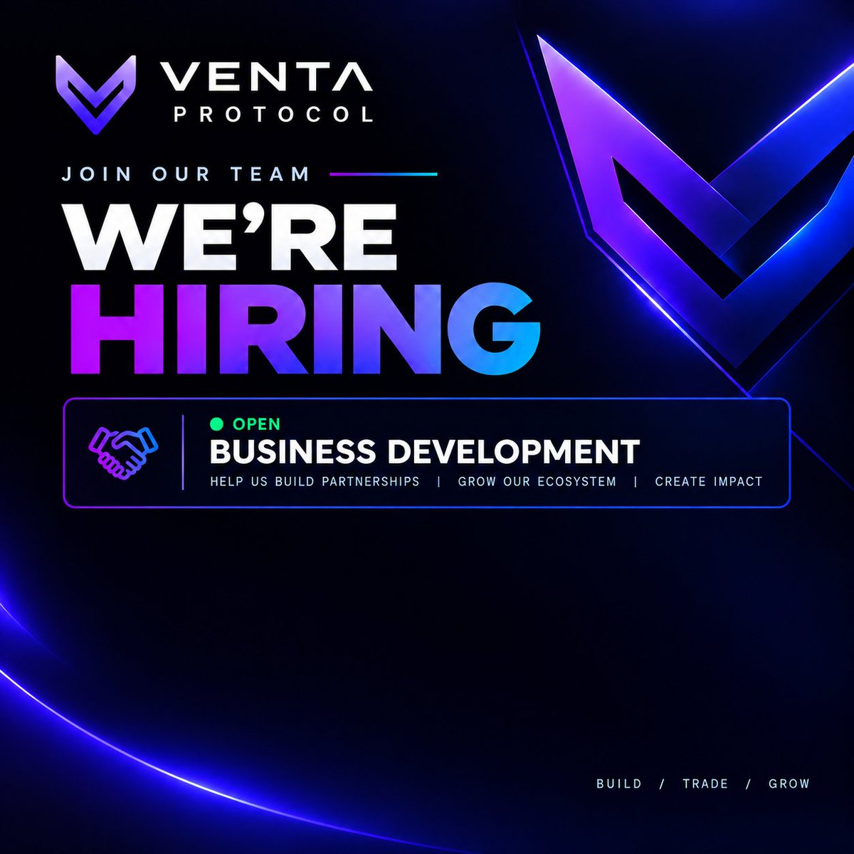 ventaprotocol's tweet photo. VENTA PROTOCOL | WE’RE HIRING

We’re building. We’re growing. And we want the right people alongside us.

The Community Manager role is officially filled ✅

Now we’re looking for a Business Development professional who can help take Venta Protocol to the next level.

🟢 BUSINESS DEVELOPMENT — OPEN

You’ll be responsible for:
→ Building partnerships
→ Connecting with protocols, projects & teams
→ Unlocking new opportunities
→ Growing Venta’s ecosystem
→ Turning conversations into real results

Think you’re a good fit?
📩 DM us your CV/profile + Web3 experience + short intro.
If you know someone who belongs here, tag them or share this post. 🤝

#VentaProtocol #Web3 #DeFi #CryptoJobs #Web3Jobs #Hiring #BusinessDevelopment #CryptoHiring