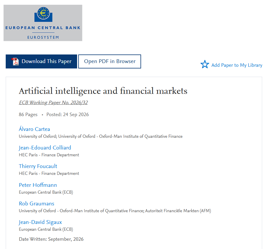 #FinancialMarkets #QuantFinance #AlgorithmicTrading #HighFrequencyTrading #Trading #HedgeFunds #AssetManagement #Investing #FinTech #MarketStructure #FinancialStability #ECB #Economics #FutureOfWork #DataScience Link to the paper: I started a monthly digest th