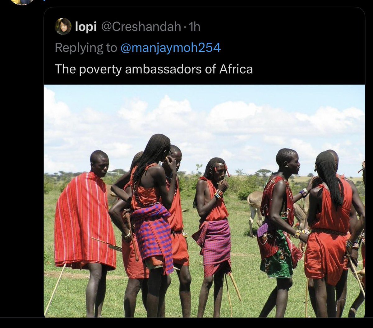 lynn_ngugi1's tweet photo. This Kenya vs South Africa “beef” will really make you realise that some of the damage colonialism did to the African mind might take generations to undo 😭

Take this lady for example. She posts a picture of a community that has managed to preserve its culture, language, identity, land, livestock and way of life and calls them “poverty ambassadors of Africa” because, in her mind, this is what poverty looks like.

And that right there is the problem.
We have been taught to look at an African who still looks African and immediately associate them with poverty. The closer you are to your traditional way of life, the more “backward” you must be. The more Western you look, dress, speak and live, the more successful you must be.

And the irony is, she genuinely thinks calling them “poverty ambassadors” is a flex while sitting there in a wig trying to look as far removed from her natural African appearance as possible 😭 Again, absolutely nothing wrong with wearing wigs,but sis, you cannot use someone else’s Africanness as evidence of their poverty while presenting your distance from your own as evidence of progress.

And this is why sometimes the insults Africans throw at each other tell you more than the actual argument. You can participate in the Kenya vs South Africa banter, it’s actually hilarious sometimes 😂😂 but every once in a while, pay attention to what people say when they are trying to insult each other. You will quickly realise just how much of Africa still measures itself using somebody else’s ruler.
@Creshandah what a shame 🚶🏿‍♀️