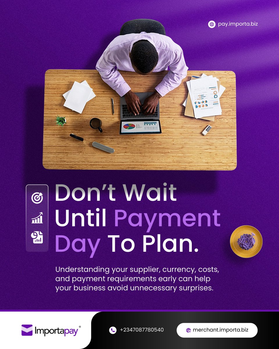 importapay_ng's tweet photo. Don’t wait until payment day to start planning.

Know your supplier, currency, costs, and payment requirements before the transaction begins.

Good preparation makes business payments easier to manage.

Send us a DM today for your instant payment.

#ImportaPay #BusinessPayments https://t.co/xDCyLeiH0u