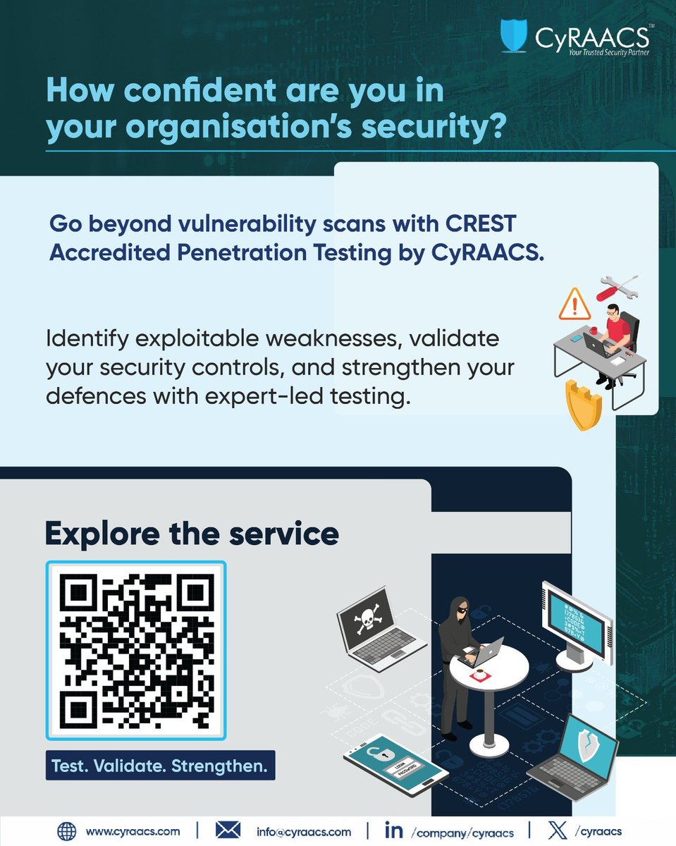 CyRAACS's tweet photo. Think your security is strong? Put it to the test.

Go beyond vulnerability scans with CREST Accredited Penetration Testing.

👉 Assess your defences today: https://t.co/tzuVZ3ihxq

#PenetrationTesting #CREST #CyberSecurity #VAPT #CyRAACS https://t.co/HU0Ci7BRoy
