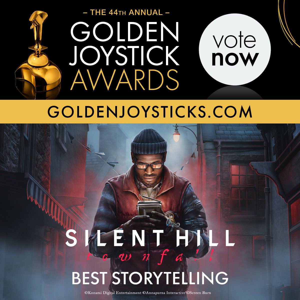 silenthill_jp's tweet photo. 『SILENT HILL: Townfall』が #GoldenJoystickAwards にて2部門にノミネートされました。

⬜「Best Storytelling」
⬜「Best Supporting Performer（リチャード役: テリー・オクィン氏）」

ぜひ下記より投票をよろしくお願いいたします。
https://t.co/uPud4W0TEW

■投票: 10月23日まで
#SILENTHILL #Townfall #サイレントヒル