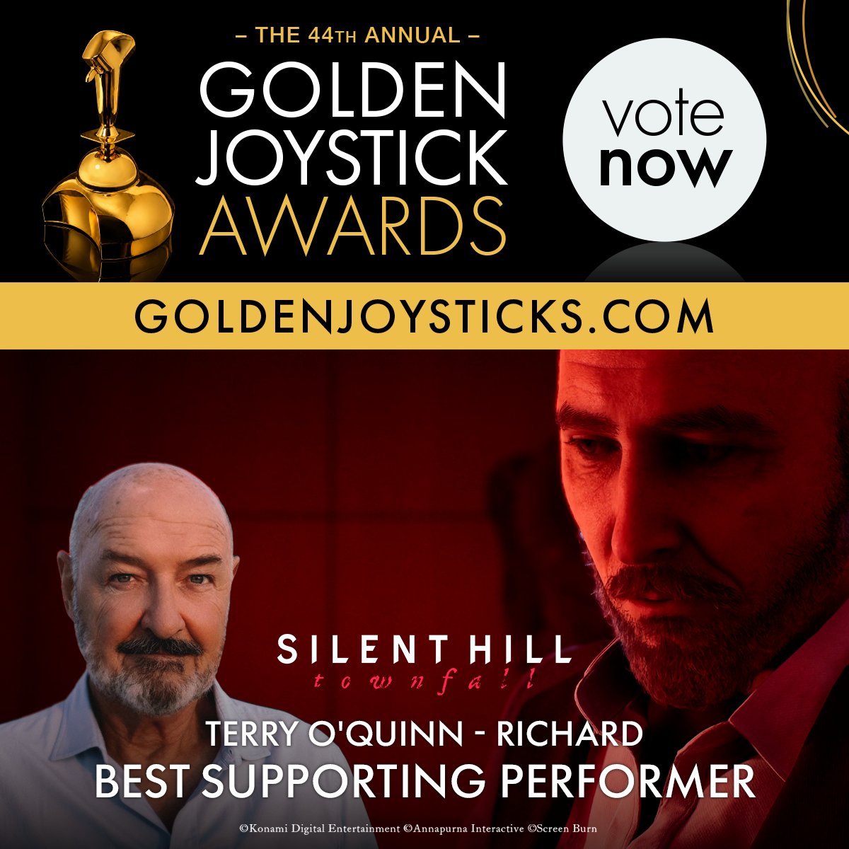 silenthill_jp's tweet photo. 『SILENT HILL: Townfall』が #GoldenJoystickAwards にて2部門にノミネートされました。

⬜「Best Storytelling」
⬜「Best Supporting Performer（リチャード役: テリー・オクィン氏）」

ぜひ下記より投票をよろしくお願いいたします。
https://t.co/uPud4W0TEW

■投票: 10月23日まで
#SILENTHILL #Townfall #サイレントヒル