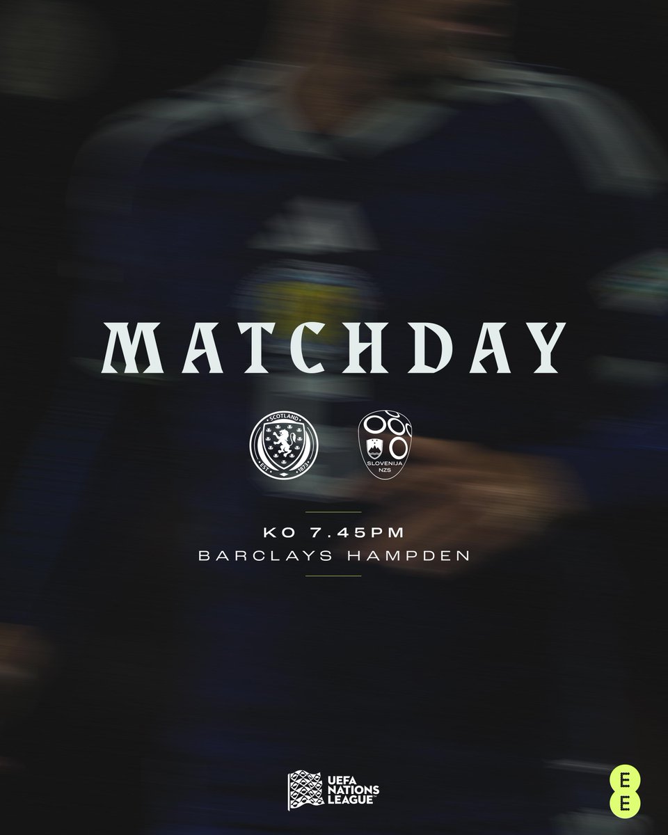 ScotlandNT's tweet photo. Matchday 4️⃣

🆚 Scotland v Slovenia
🏆 UEFA Nations League
⏰ 7.45pm
🏟️ @BarclaysHampden
🎟️ https://t.co/ay7oj2U05X
📺 Live on @BBCScotland &amp; @BBCiPlayer
➡️ Preview: https://t.co/RHjM65Mfoq

#SCOSVN https://t.co/BjvStsQTpw