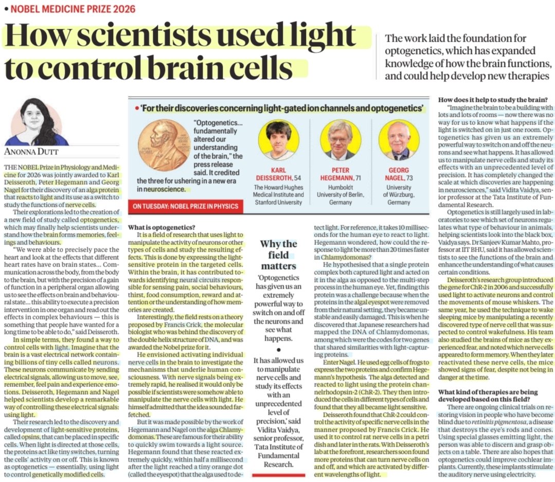 imRavikantYadav's tweet photo. How scientists used light to control brain cells
:An Insightful article by Ms @AnonnaDutt
#NobelMedicinePrize2026
#KarlDeisseroth #PeterHegemann #GeorgNagel
#Light #Reaction #Brain #BrainCells #Neurons
#AlgaProtein
#Memories #Feelings #Behaviours
#Neuroscience
#UPSC https://t.co/fi54LpPcjt