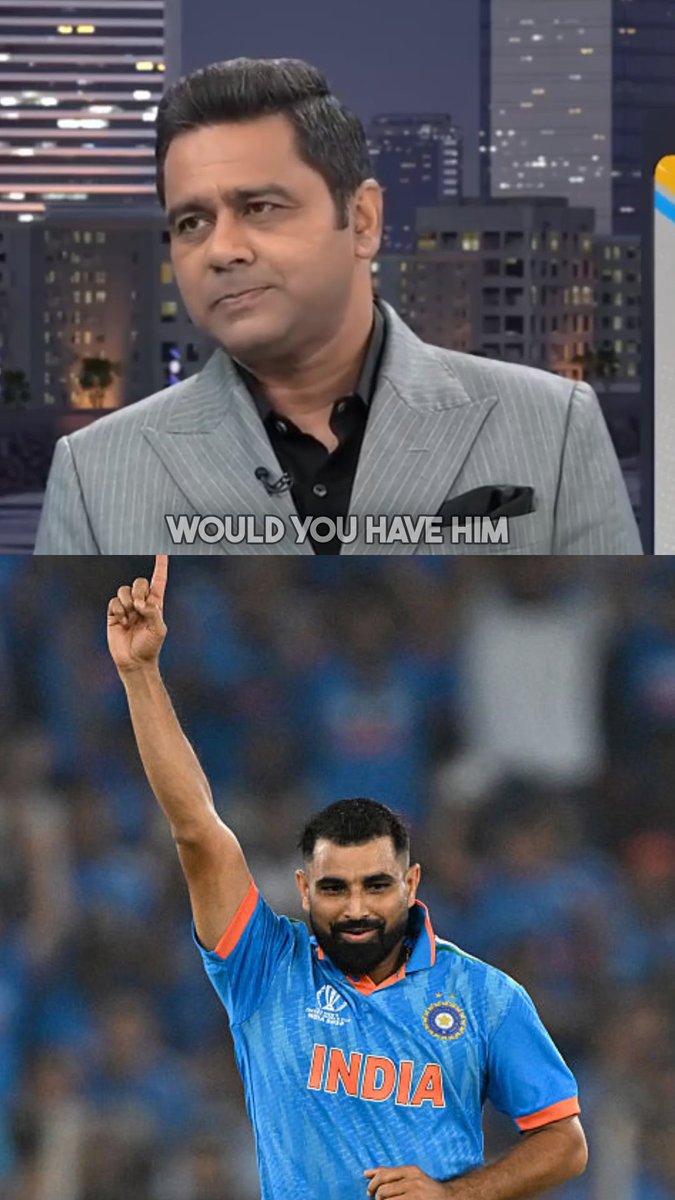 A two-panel image features Aakash Chopra above the text "WOULD YOU HAVE HIM," while below, Indian cricketer Mohammed Shami, wearing the blue India jersey, raises his index finger in acknowledgment. The meme visually represents the question of whether Shami should be included in India's 2027 ODI World Cup squad, with Chopra prompting viewers and Shami seemingly raising his hand in response.