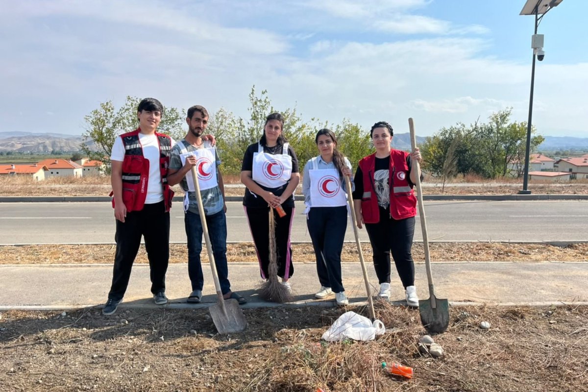 AzRedCrescent's tweet photo. On October 2, 2026, large-scale cleanup and improvement activities were carried out in the courtyard and on the surrounding roads of the medical center in Shukurbayli village, Jabrayil district. This initiative was conducted by volunteers from the Azerbaijan Red Crescent Society. https://t.co/shMY8k4J87
