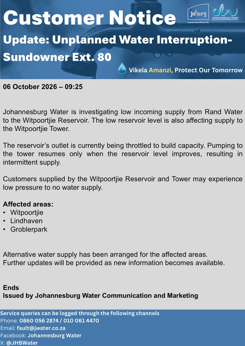 Official Johannesburg Water notice