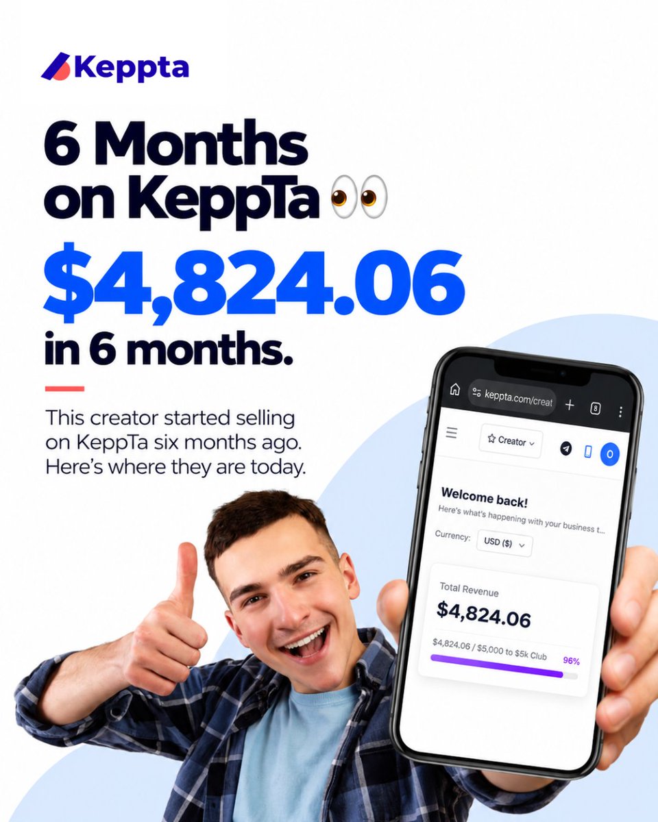 usekeppta's tweet photo. Six months ago, this creator started selling with KeppTa. 
Today? They’ve reached $4,824.06 in lifetime earnings and over ₦6.7 million in sales. 🔥 They’re now 96% of the way to the $5K Club, with just $175.94 left to hit the milestone. 

Every big number starts with one sale. Maybe it’s time to start yours. 👀 Start selling at https://t.co/Og6nN4RVh5. #usekeppta #creatoreconomy #digitalproducts #onlinebusiness #sellonline