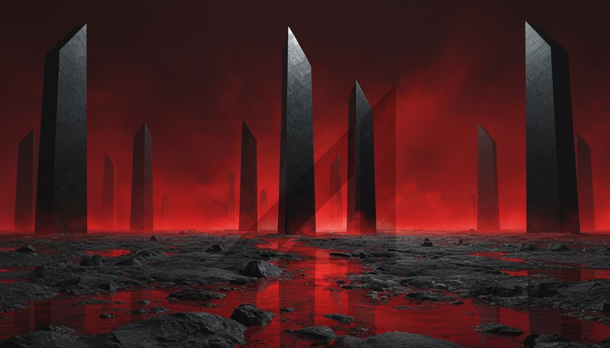 OMNIIPOTENSE's tweet photo. ( the cyberspace around them reacts to v’s response . what initially is a black void with streaks of red soon become a hellish cyber landscape filled with monolith-like structures . )

i am locking you away in the old net . and i will try to save the world and 

+ https://t.co/7xbrZsEIHc