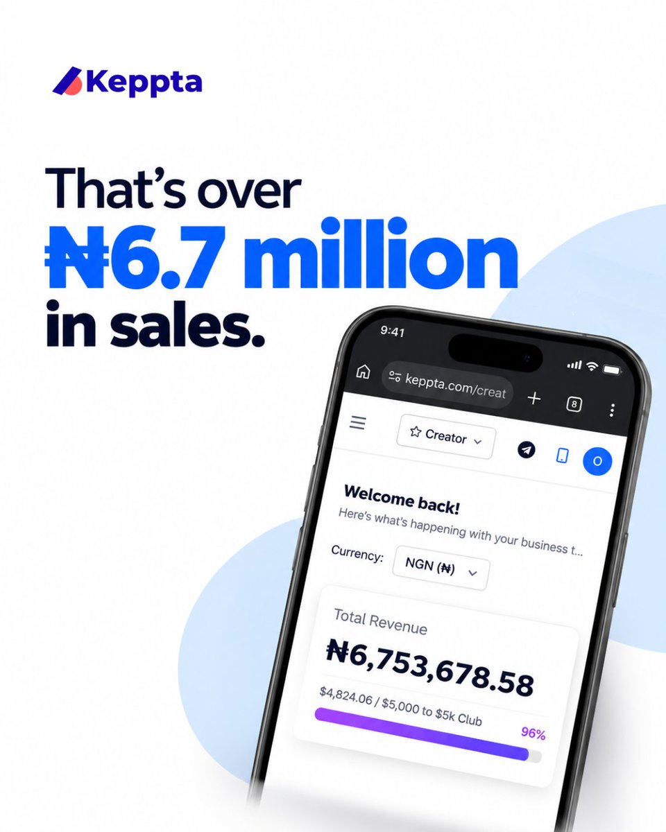 usekeppta's tweet photo. Six months ago, this creator started selling with KeppTa. 
Today? They’ve reached $4,824.06 in lifetime earnings and over ₦6.7 million in sales. 🔥 They’re now 96% of the way to the $5K Club, with just $175.94 left to hit the milestone. 

Every big number starts with one sale. Maybe it’s time to start yours. 👀 Start selling at https://t.co/Og6nN4RVh5. #usekeppta #creatoreconomy #digitalproducts #onlinebusiness #sellonline
