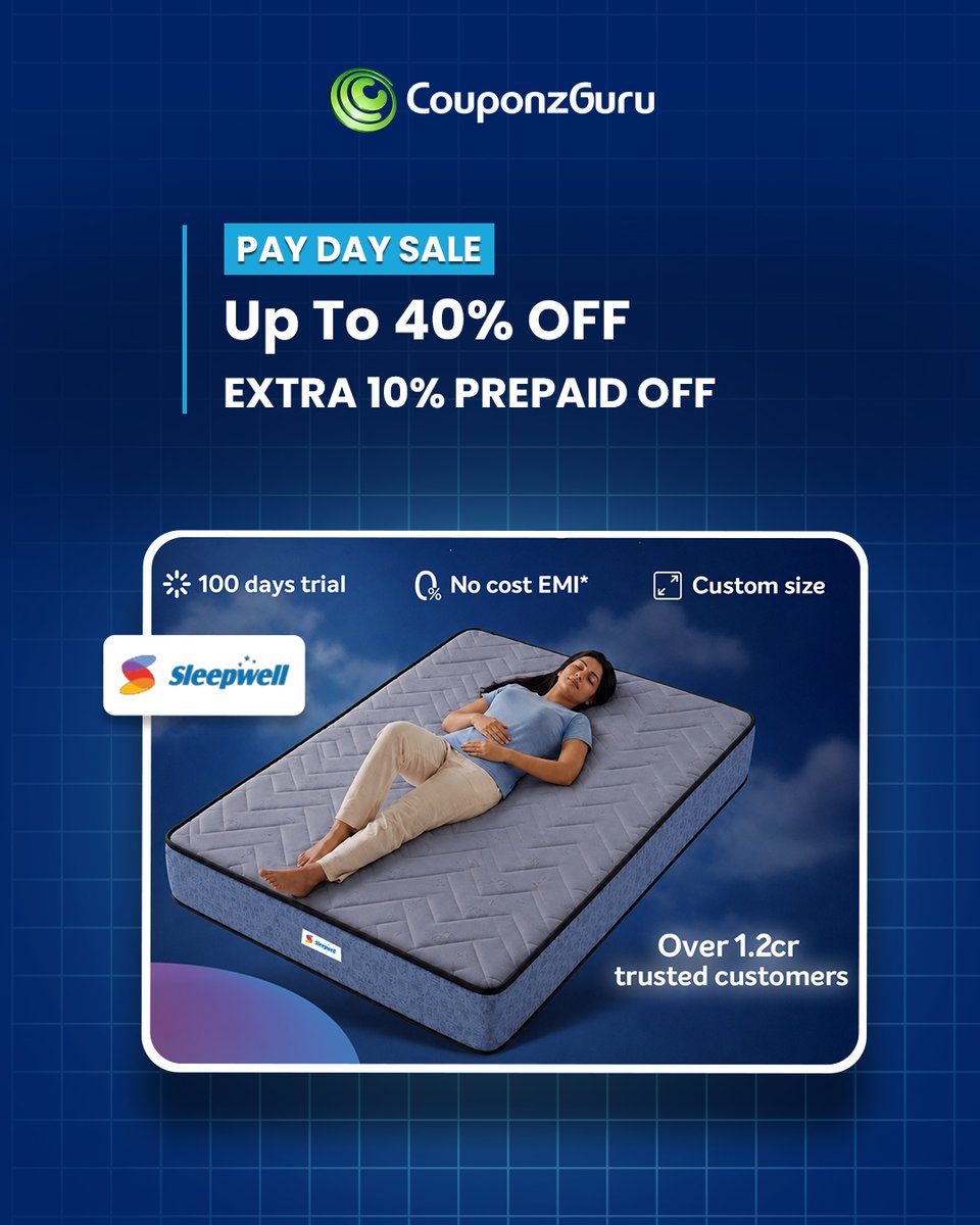 couponzguru's tweet photo. Payday Sale Is Live!!
Avail up to 40% off on all Sleepwell mattresses.
Enjoy additional 10% discount on prepaid purchase.

Checkout CouponzGuru For More Details &amp; Offers.

#Mattress #MattressSale #PaydaySale #offers #CouponzGuru https://t.co/aMnczjkuCh