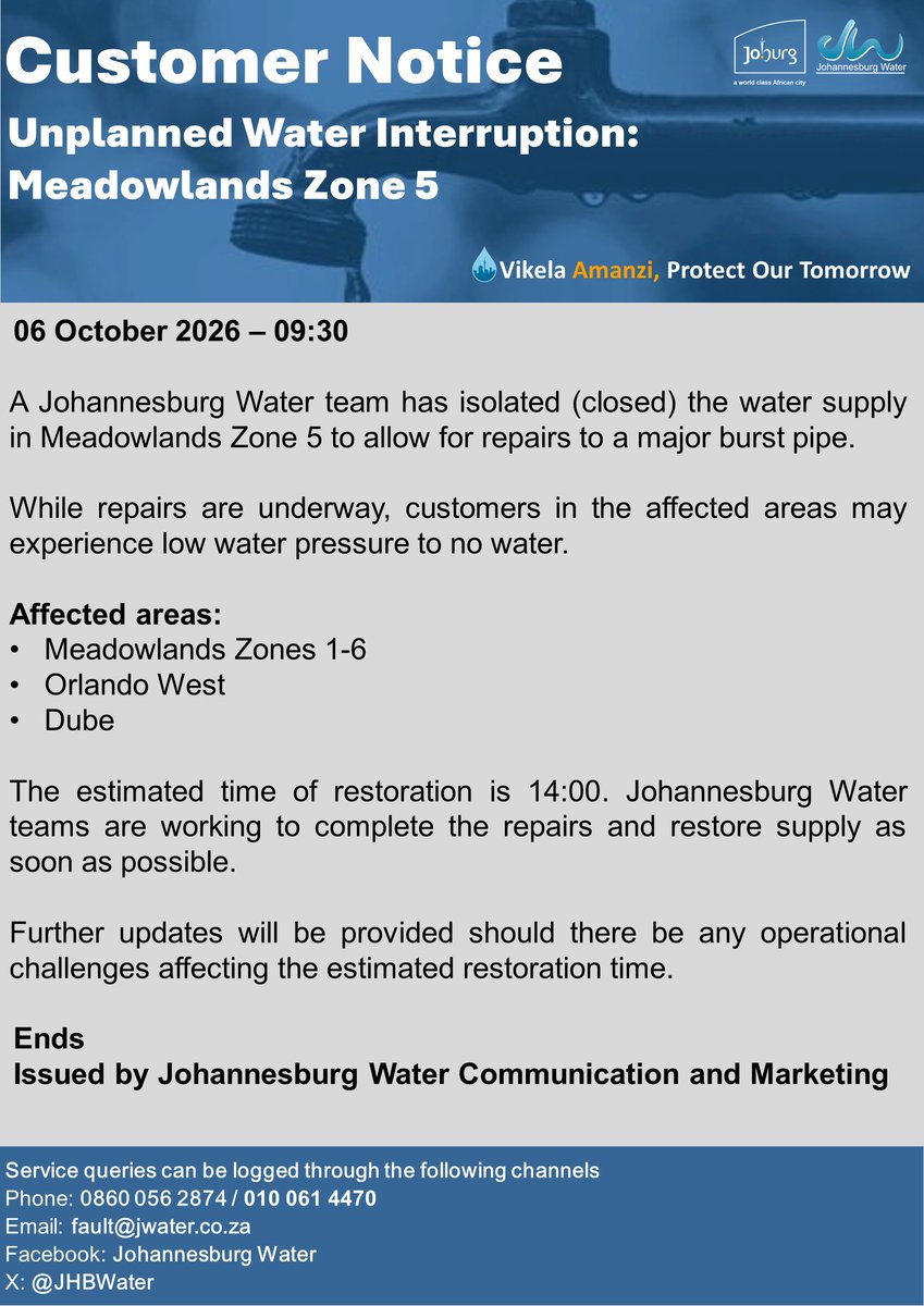 Official Johannesburg Water notice