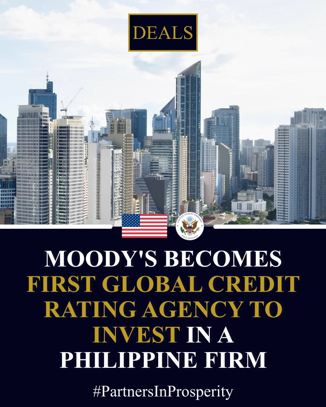 Graphic with a picture of a skyline and the text Moody's becomes first global credit rating agency to invest in a Philippine firm. 
