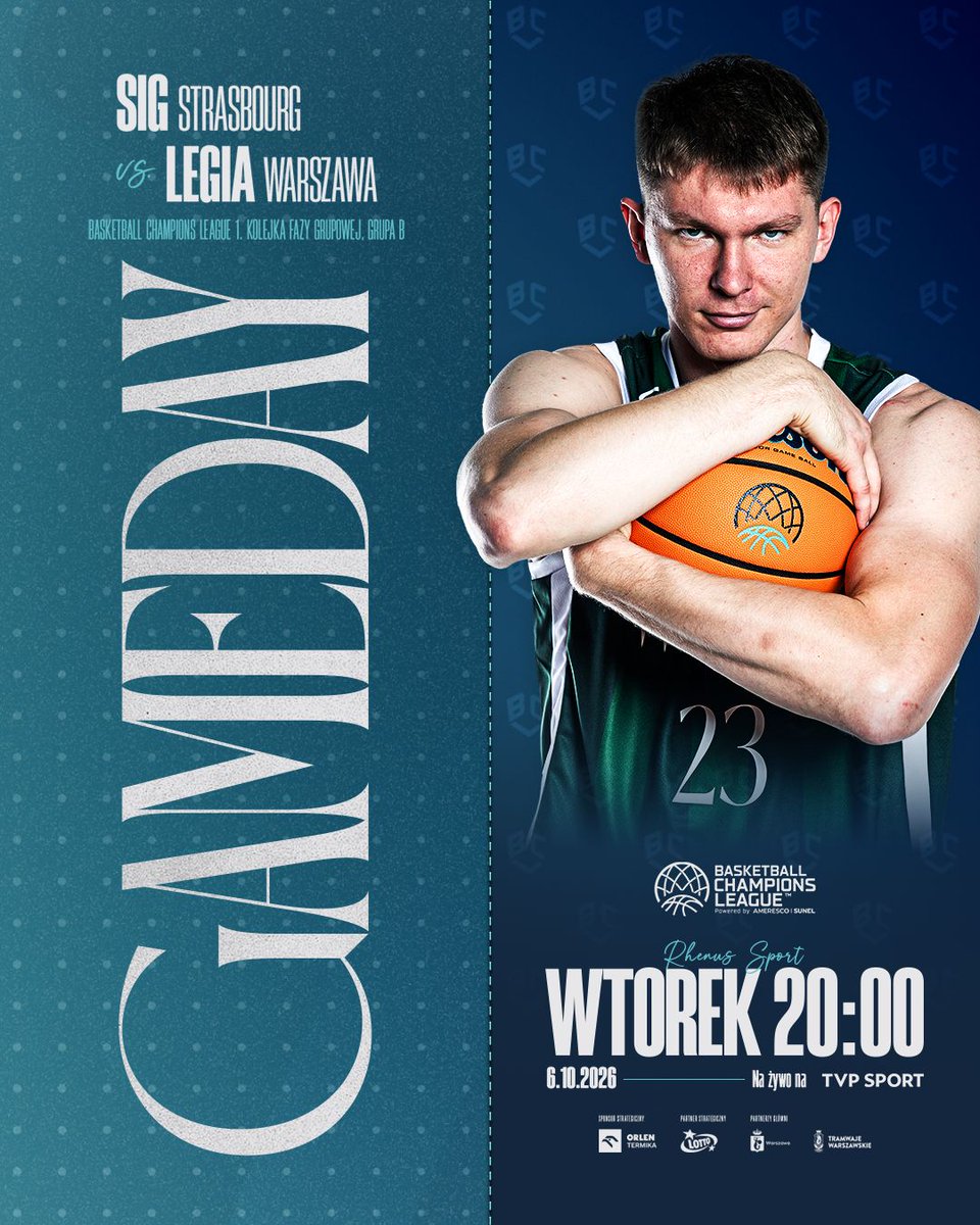 LegiaKosz's tweet photo. #DZIŚGRAMY 

🌍 1. Kolejka Fazy Grupowej @BasketballCL
🏀 @sigstrasbourg vs Legia Warszawa
🕗 20:00
📍 Rhenus Sport
📺 @sport_tvppl 

#legiakosz #legiawarszawa #plkpl #basketball #BasketballCL https://t.co/ncj8LKcaq6
