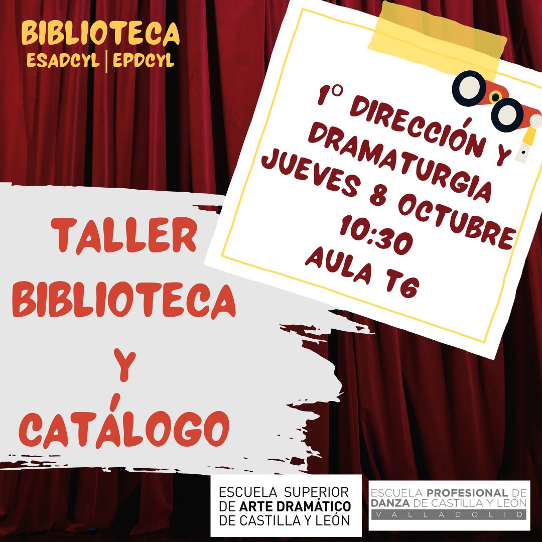 JimenaAlmenara's tweet photo. El alumnado del primer curso de la especialidad de Dirección escénica y Dramaturgia de la Escuela Superior de Arte Dramático de Castilla y León #ESADCYL está convocado a una breve charla sobre la #Biblioteca, sus servicios, y el funcionamiento del catálogo
https://t.co/B5IqHF3P67 https://t.co/gHxycjZgkO