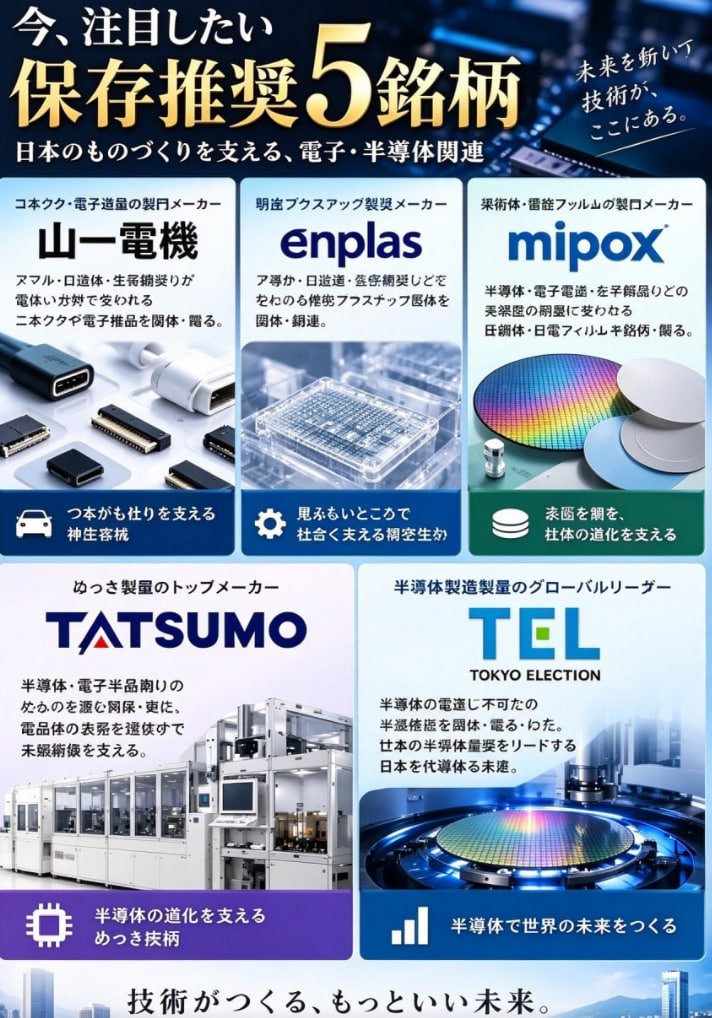 lesfen06's tweet photo. ここから上がりそうな"半導体裏方5銘柄"、
そろそろ本気で仕込む準備しといた方がいい。

もう主役はみんな乗ったやろ？
NVIDIAもキオクシアも、上がりすぎて今さら入れん。
むしろこっから上がるのは、出遅れ組の反撃。

AI時代って派手な本体ばっか見られるけど、
縁の下の力持ちがいないと何も動かへん。

今回見てるのはこの3つの役割

① 検査用ソケット
チップ1個ずつ挟んで試験するやつ。
地味やけど、絶対なくならん。

② 光通信
データセンターの中つなぐ光。
AIが出せば出すほど、物理的に要る。

③ 製造装置まわり
装置本体はもう高い。
けど部品・消耗品側は、これから数字に出てくる。

見るポイントはたった3つ。
・利益率、この1年でどう変わったか
・受注、どれだけ積み上がってるか
・何の需要が業績につながってるか

で、この中の1社な。
直近の営業利益、なんと前年の4.4倍。

さらにもう1社。
今期の業績は最悪。
けど注文は過去最高。

このギャップ、意味わかる？
業績っていうのは"今"の数字。
株は"この先"を買うもの。

俺は都会のどこにでもいる会社员。
それでももうすぐ資産2億の大台。
成功者は方法を探す。
新手は参考にする場所を選べ。

今週の裏方5銘柄、もうまとめてある。
必要なやつだけ、いいね＆フォローしとけ
#日本株 #半導体 #株初心者 #NISA #高配当株